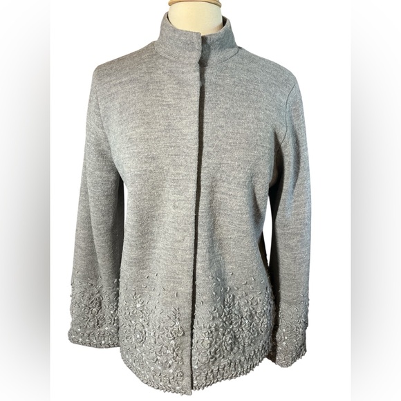Liz Claiborne Wool Gray Embroidered Lightweight Cardigan/Coat Size Large - Picture 1 of 13